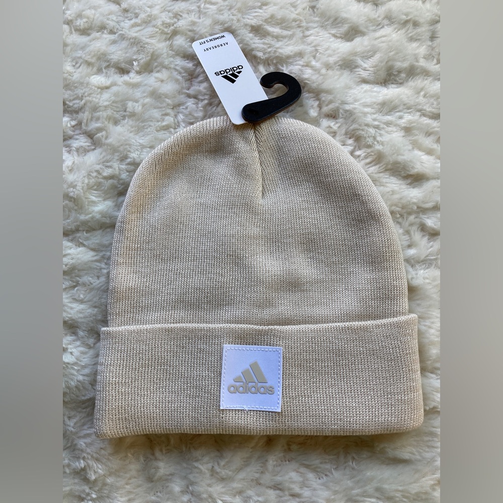 Adidas Women's 1x1 Cuff Fold Beanie, Stocking Hat, Beige, White, NWT